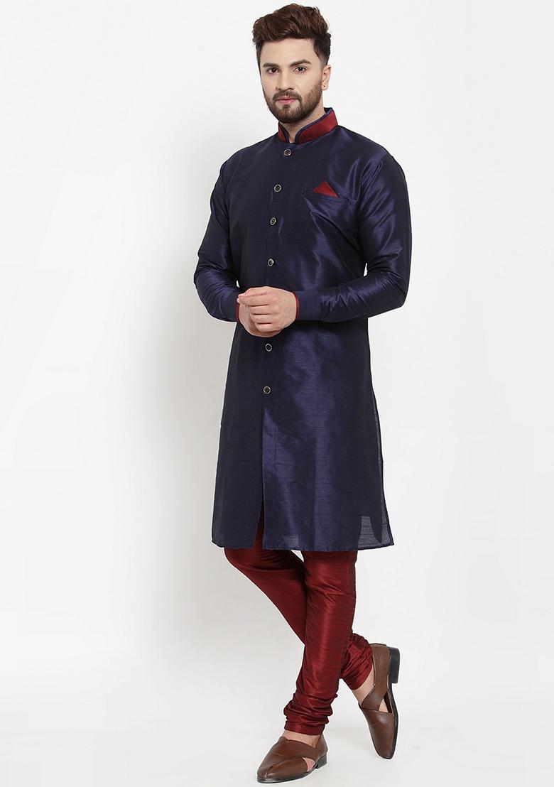 Navy Blue Solid Silk Blend Kurta Set For Men