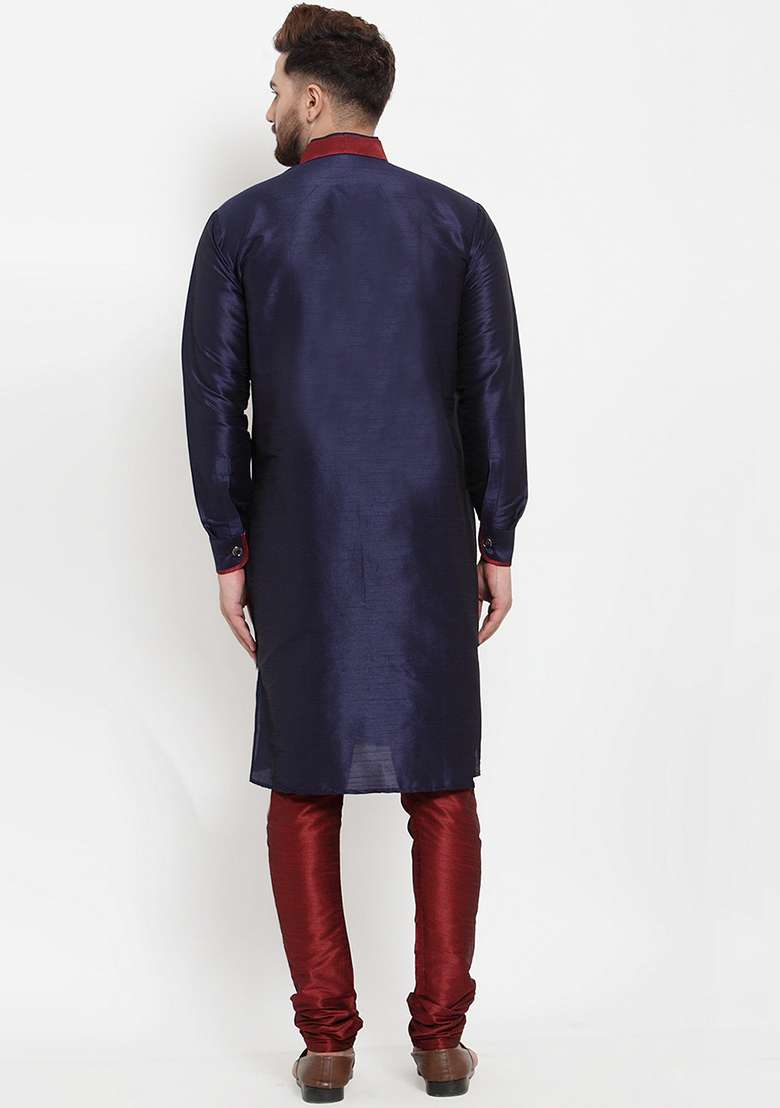 Navy Blue Solid Silk Blend Kurta Set For Men - Indya