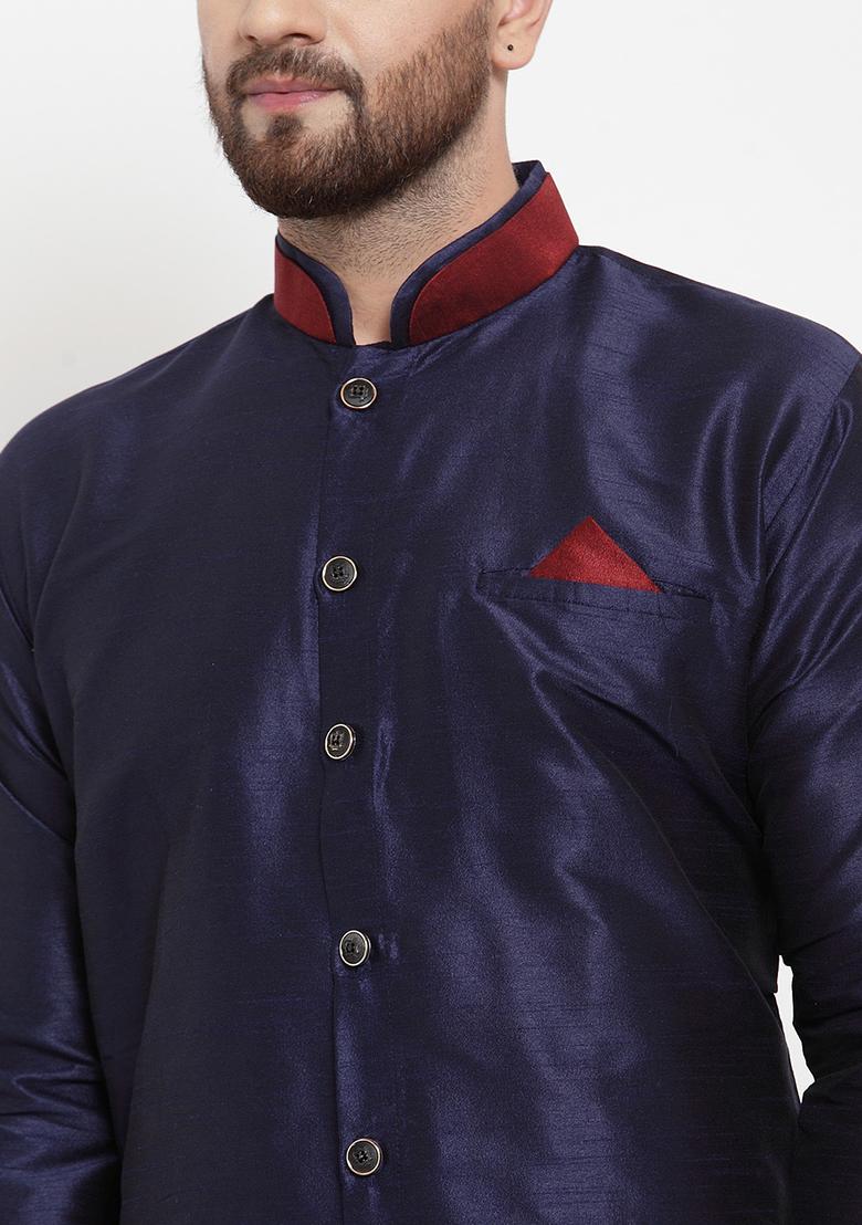 Navy Blue Solid Silk Blend Kurta Set For Men