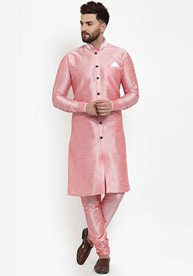 Pink Solid Silk Blend Kurta Set For Men