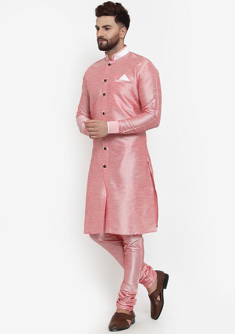 Pink Solid Silk Blend Kurta Set For Men