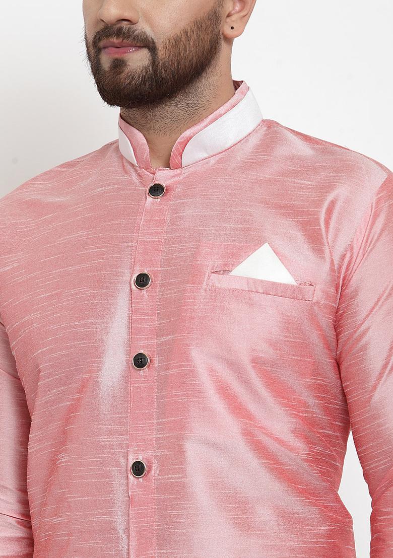 Pink Solid Silk Blend Kurta Set For Men