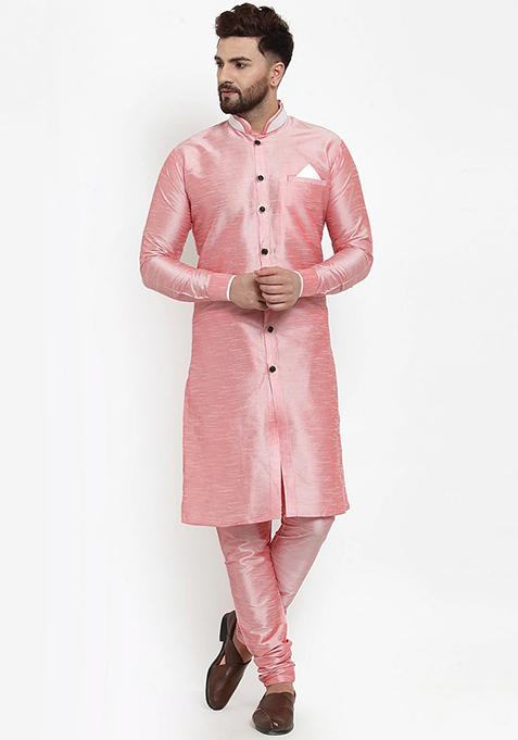 Pink Solid Silk Blend Kurta Set For Men