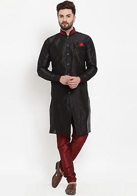 Black Solid Silk Blend Kurta Set For Men