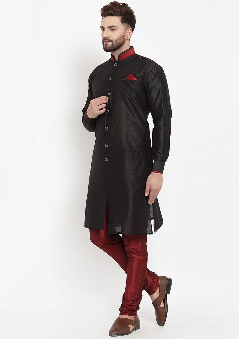 Black Solid Silk Blend Kurta Set For Men