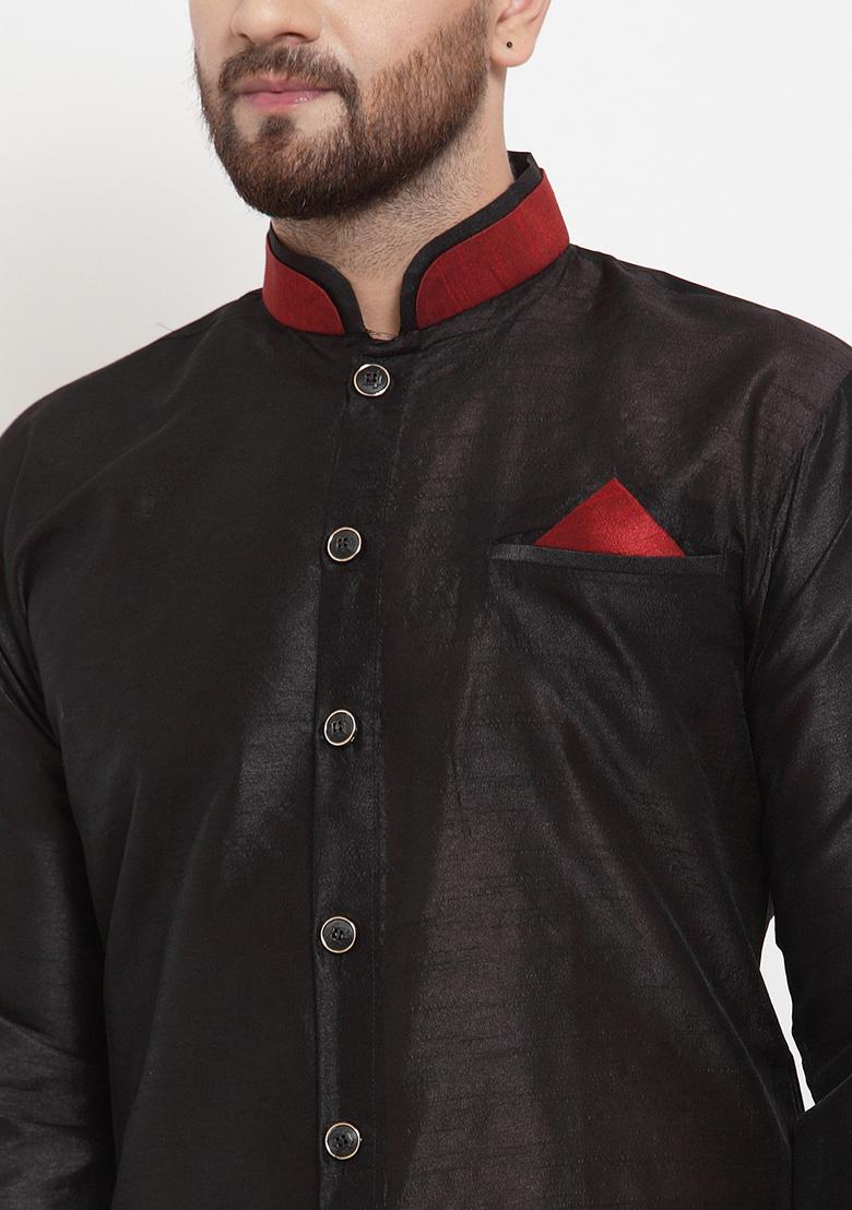 Black Solid Silk Blend Kurta Set For Men