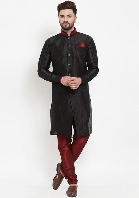 Black Solid Silk Blend Kurta Set For Men
