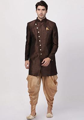 Coffee Brown Solid Silk Blend Sherwani for Men