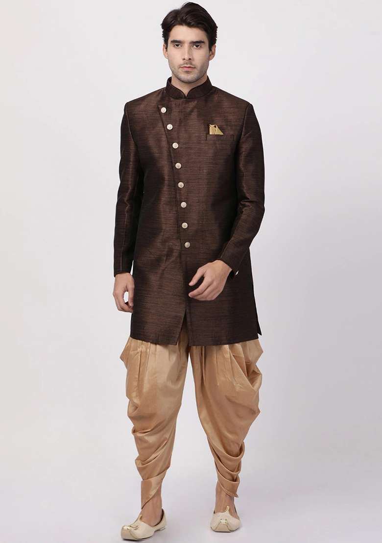 Coffee Brown Solid Silk Blend Sherwani for Men - Indya