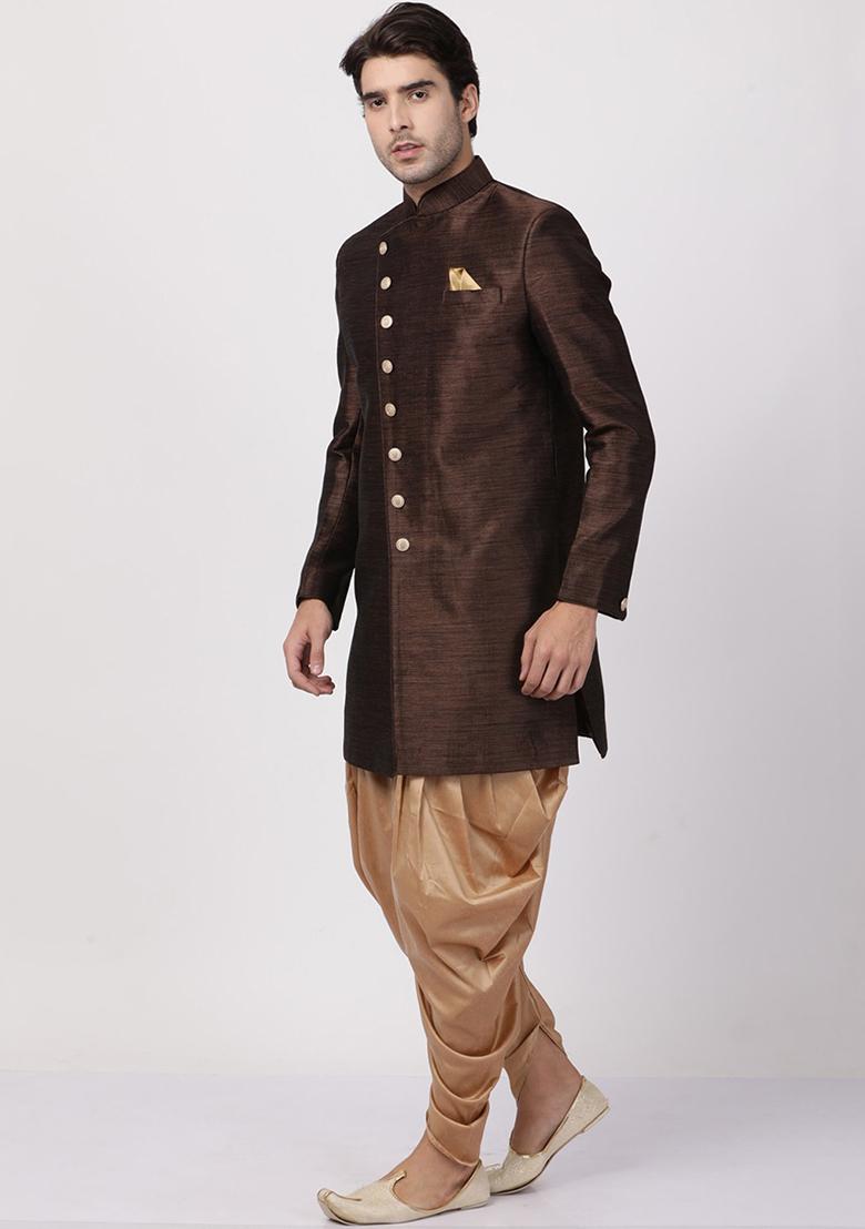 Coffee Brown Solid Silk Blend Sherwani for Men