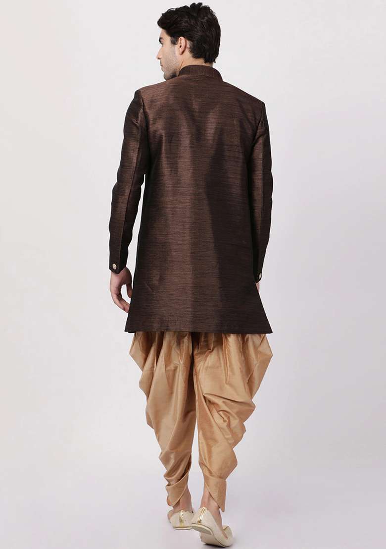 Coffee Brown Solid Silk Blend Sherwani for Men - Indya