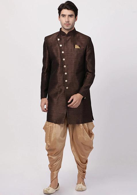Coffee Brown Solid Silk Blend Sherwani for Men