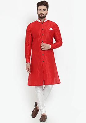 Red Solid Silk Blend Kurta Set For Men