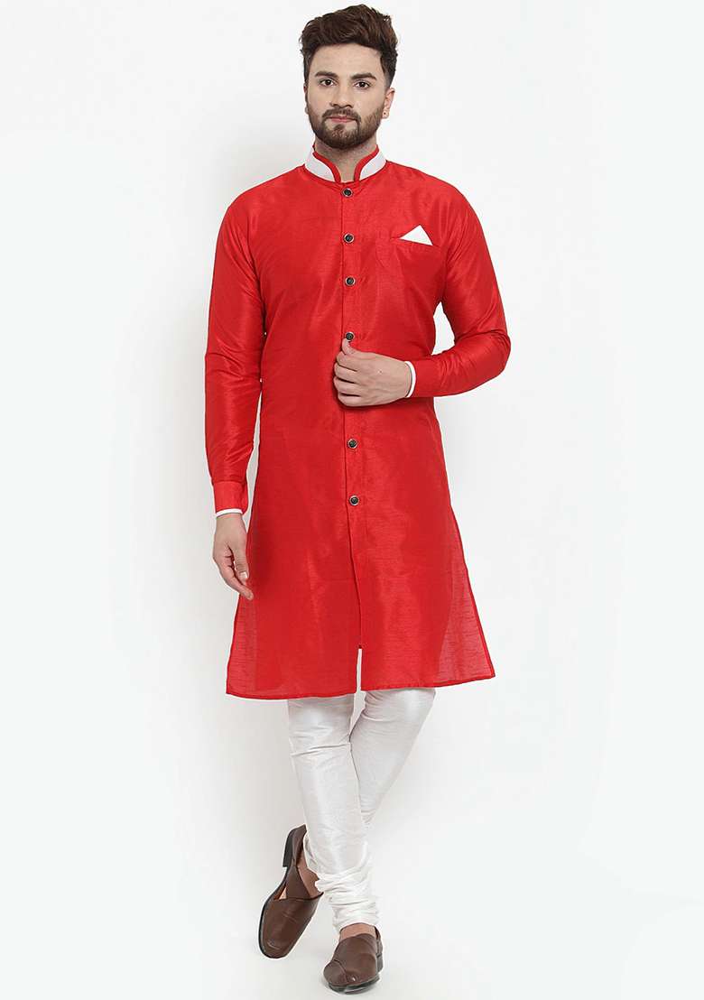 Red Solid Silk Blend Kurta Set For Men - Indya