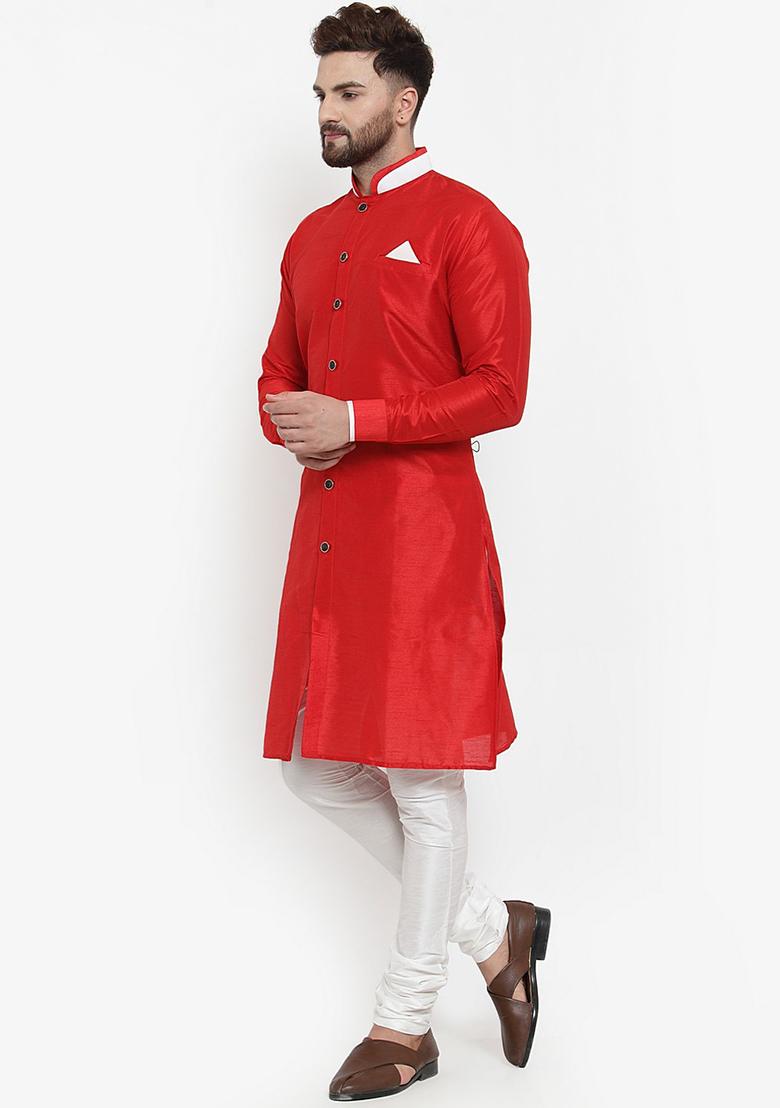 Red Solid Silk Blend Kurta Set For Men