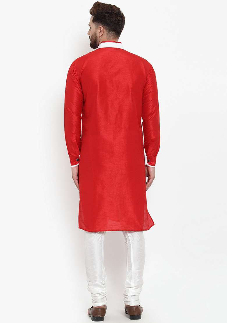 Red Solid Silk Blend Kurta Set For Men - Indya