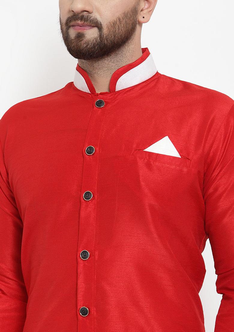 Red Solid Silk Blend Kurta Set For Men
