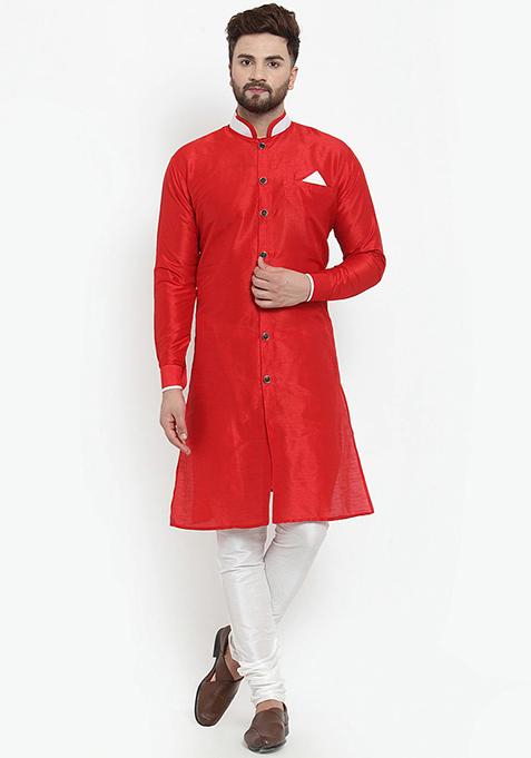 Red Solid Silk Blend Kurta Set For Men