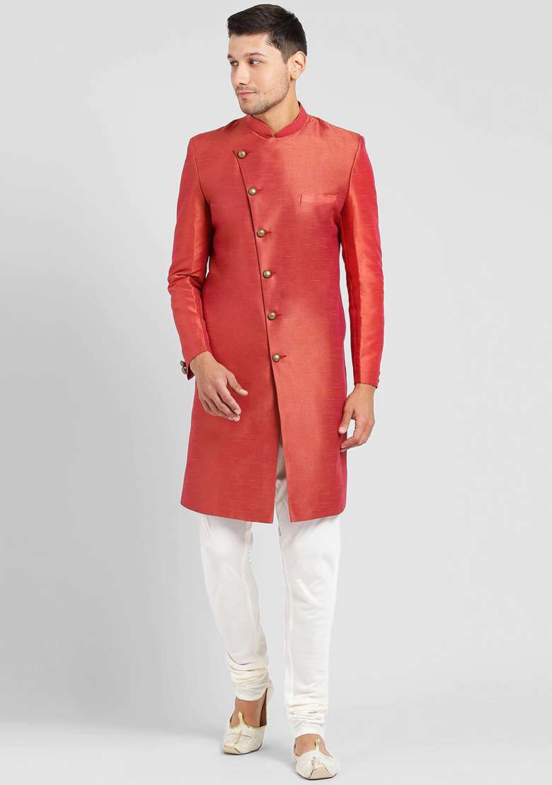 Carrot Red Solid Silk Blend Sherwani for Men - Indya