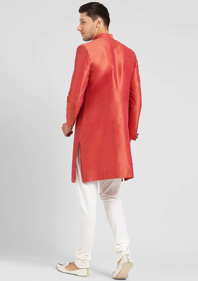 Carrot Red Solid Silk Blend Sherwani for Men - Indya