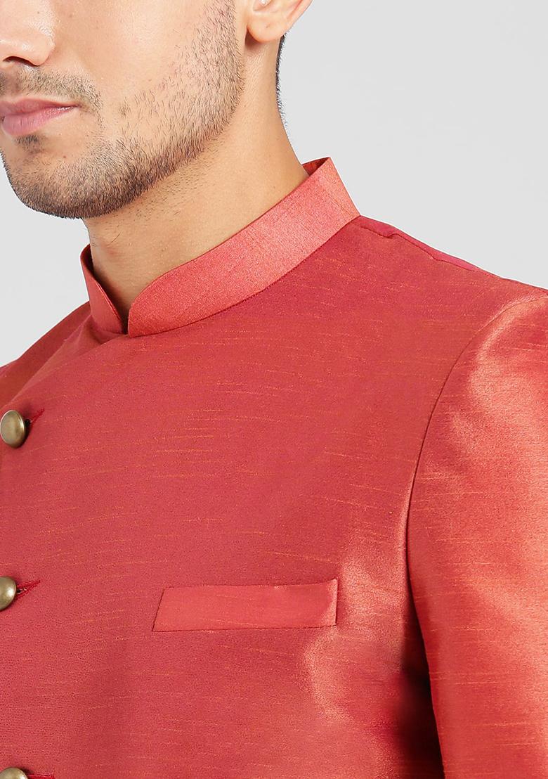 Carrot Red Solid Silk Blend Sherwani for Men