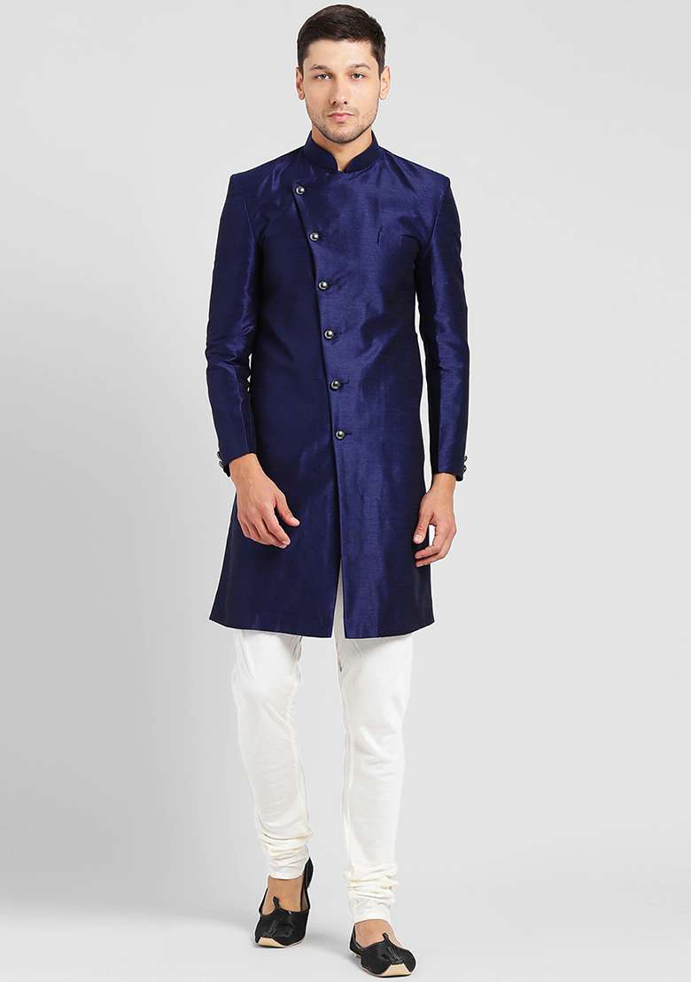 Navy Blue Solid Silk Blend Sherwani for Men - Indya