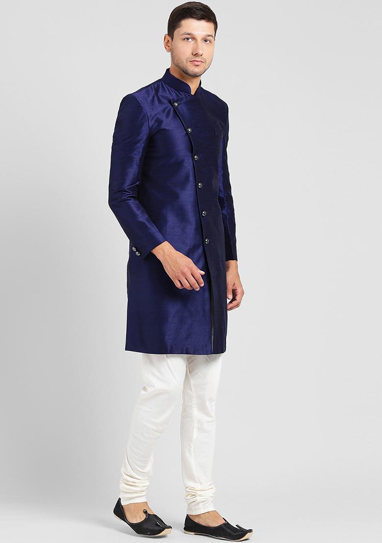 Navy Blue Solid Silk Blend Sherwani for Men