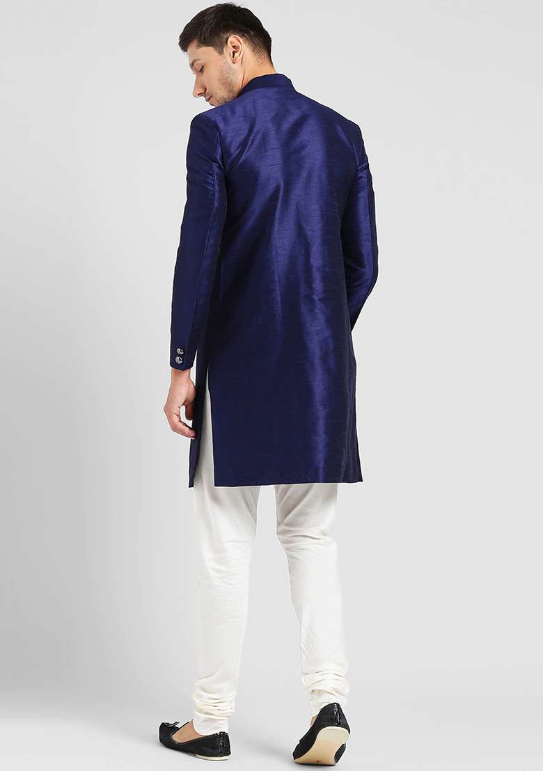 Navy Blue Solid Silk Blend Sherwani for Men - Indya
