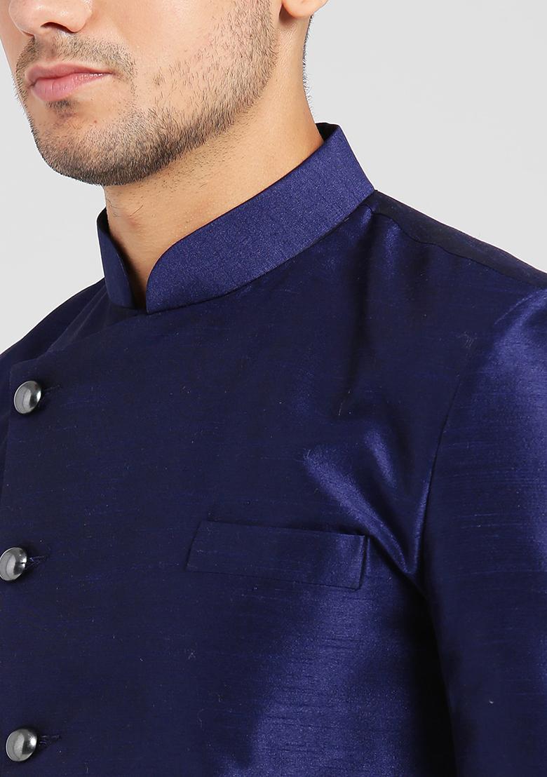 Navy Blue Solid Silk Blend Sherwani for Men