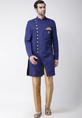 Blue Solid Cotton Sherwani for Men