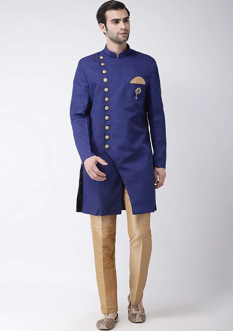 Blue Solid Cotton Sherwani for Men - Indya