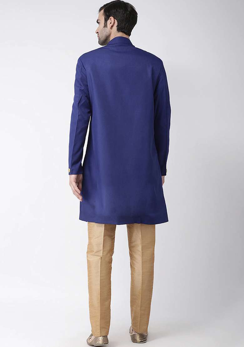 Blue Solid Cotton Sherwani for Men - Indya