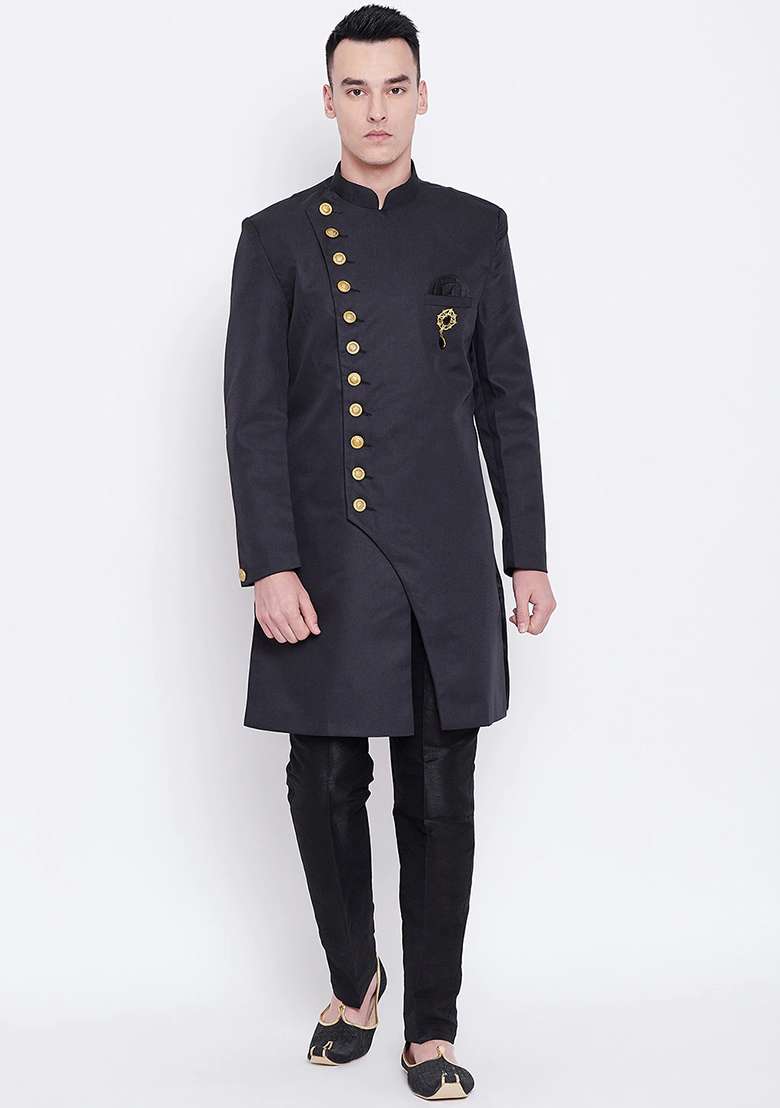Black Solid Cotton Sherwani for Men - Indya