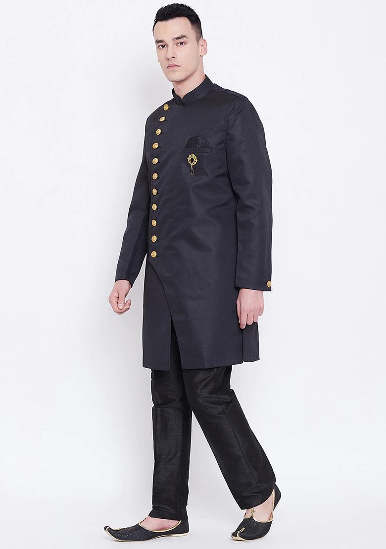 Black Solid Cotton Sherwani for Men
