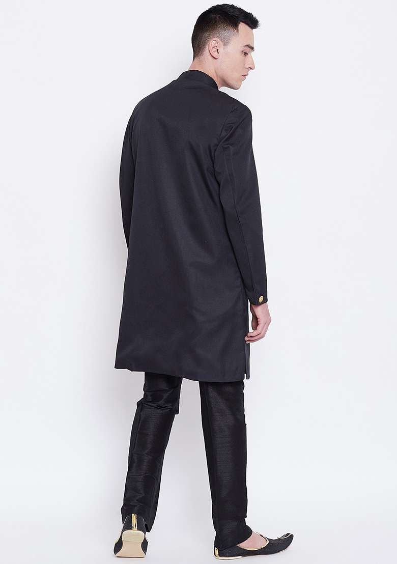 Black Solid Cotton Sherwani for Men - Indya
