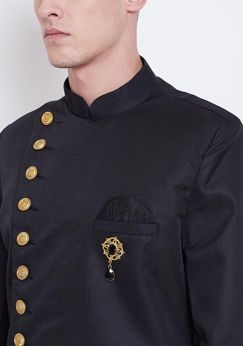 Black Solid Cotton Sherwani for Men