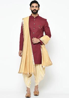 Maroon Solid Cotton Sherwani for Men