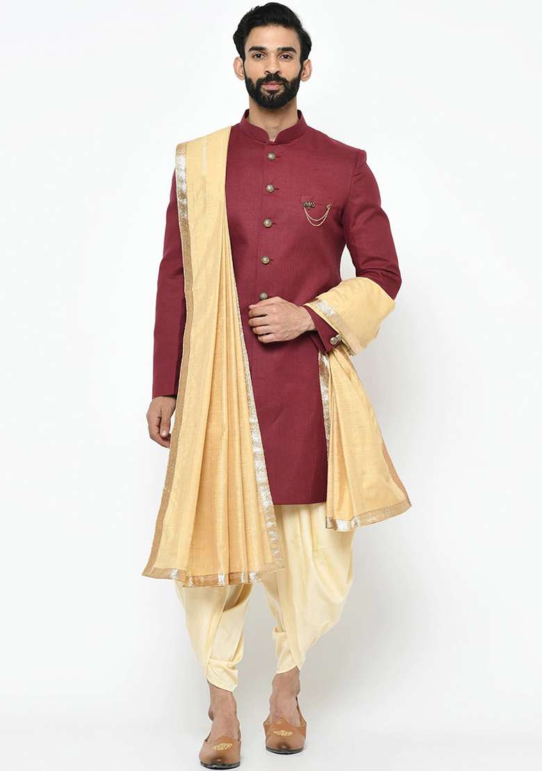 Maroon Solid Cotton Sherwani for Men - Indya