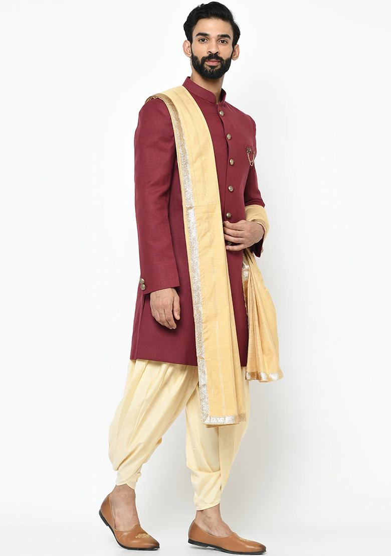 Maroon Solid Cotton Sherwani for Men
