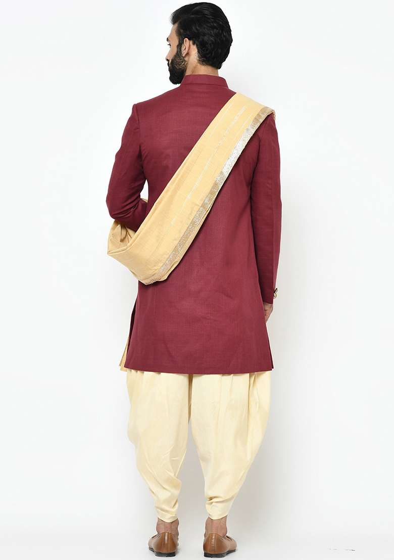 Maroon Solid Cotton Sherwani for Men - Indya