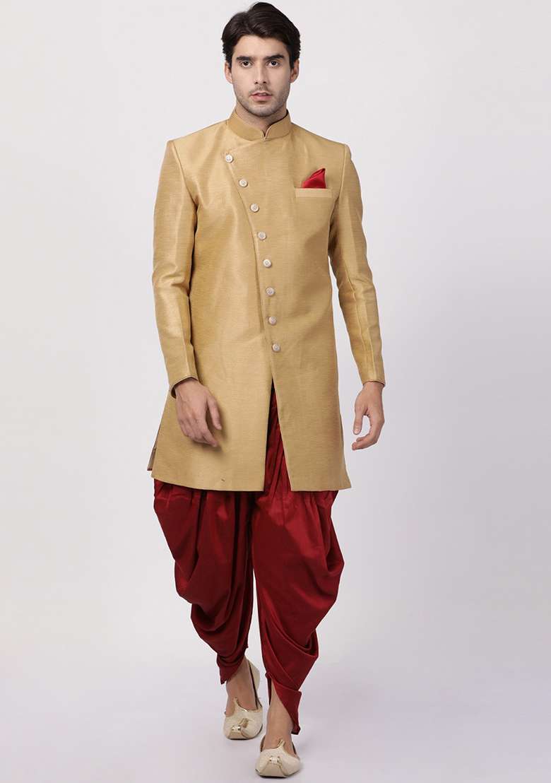 Gold Solid Silk Blend Sherwani for Men - Indya