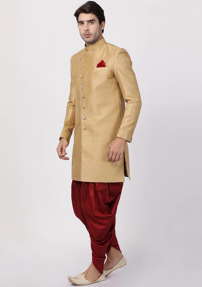 Gold Solid Silk Blend Sherwani for Men