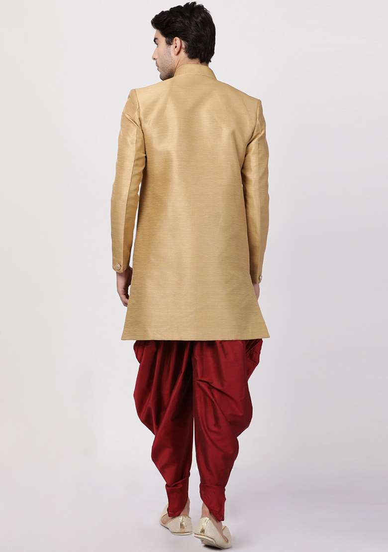 Gold Solid Silk Blend Sherwani for Men - Indya