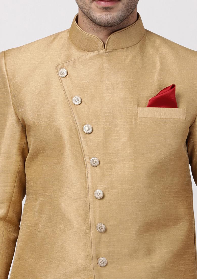 Gold Solid Silk Blend Sherwani for Men