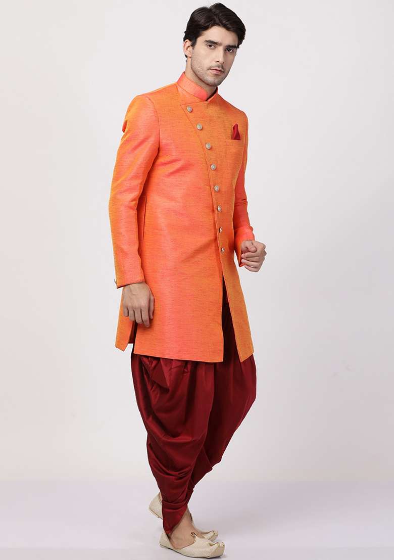 Peach Solid Silk Blend Sherwani for Men - Indya