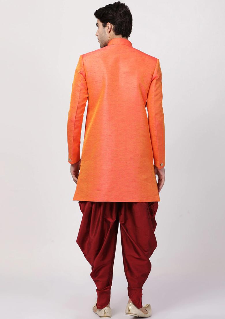 Peach Solid Silk Blend Sherwani for Men