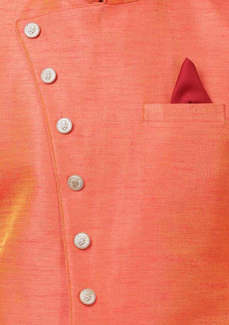 Peach Solid Silk Blend Sherwani for Men - Indya