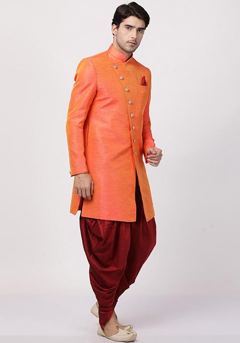 Peach Solid Silk Blend Sherwani for Men