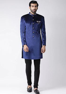 Navy Blue Solid Velvet  Sherwani for Men