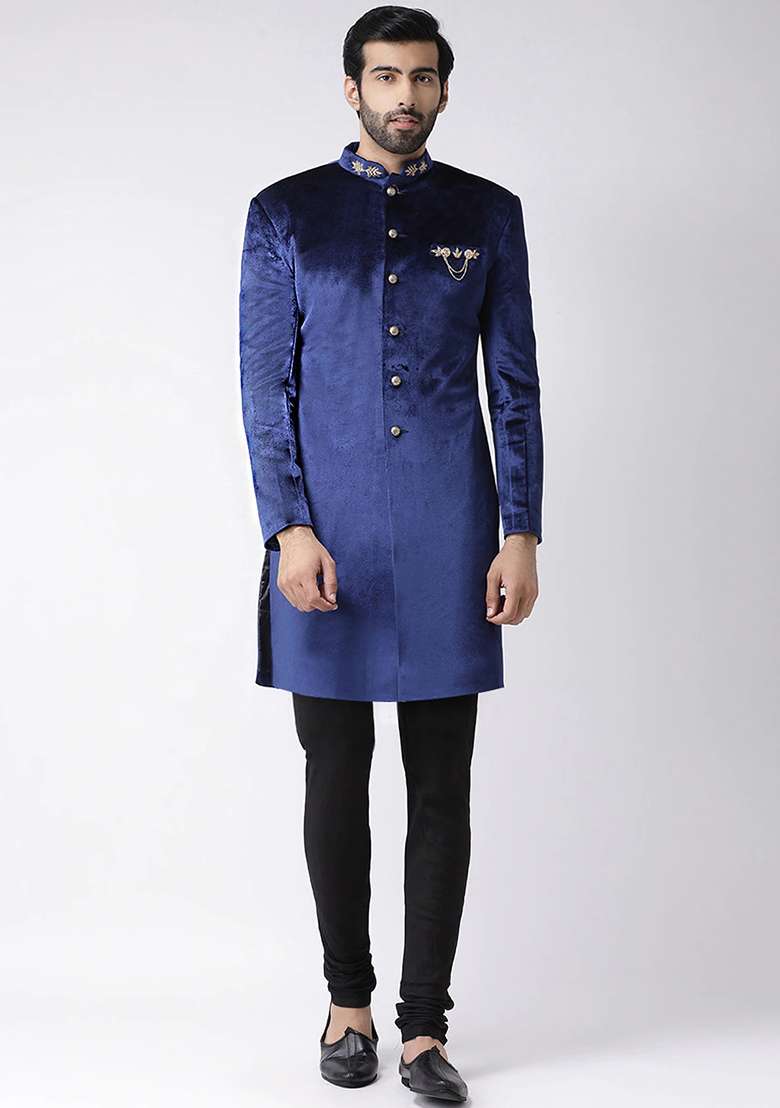 Navy Blue Solid Velvet  Sherwani for Men - Indya